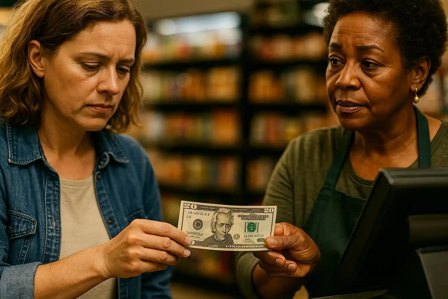 A customer and a cashier carefully handle a $20 bill during a transaction at a store.
