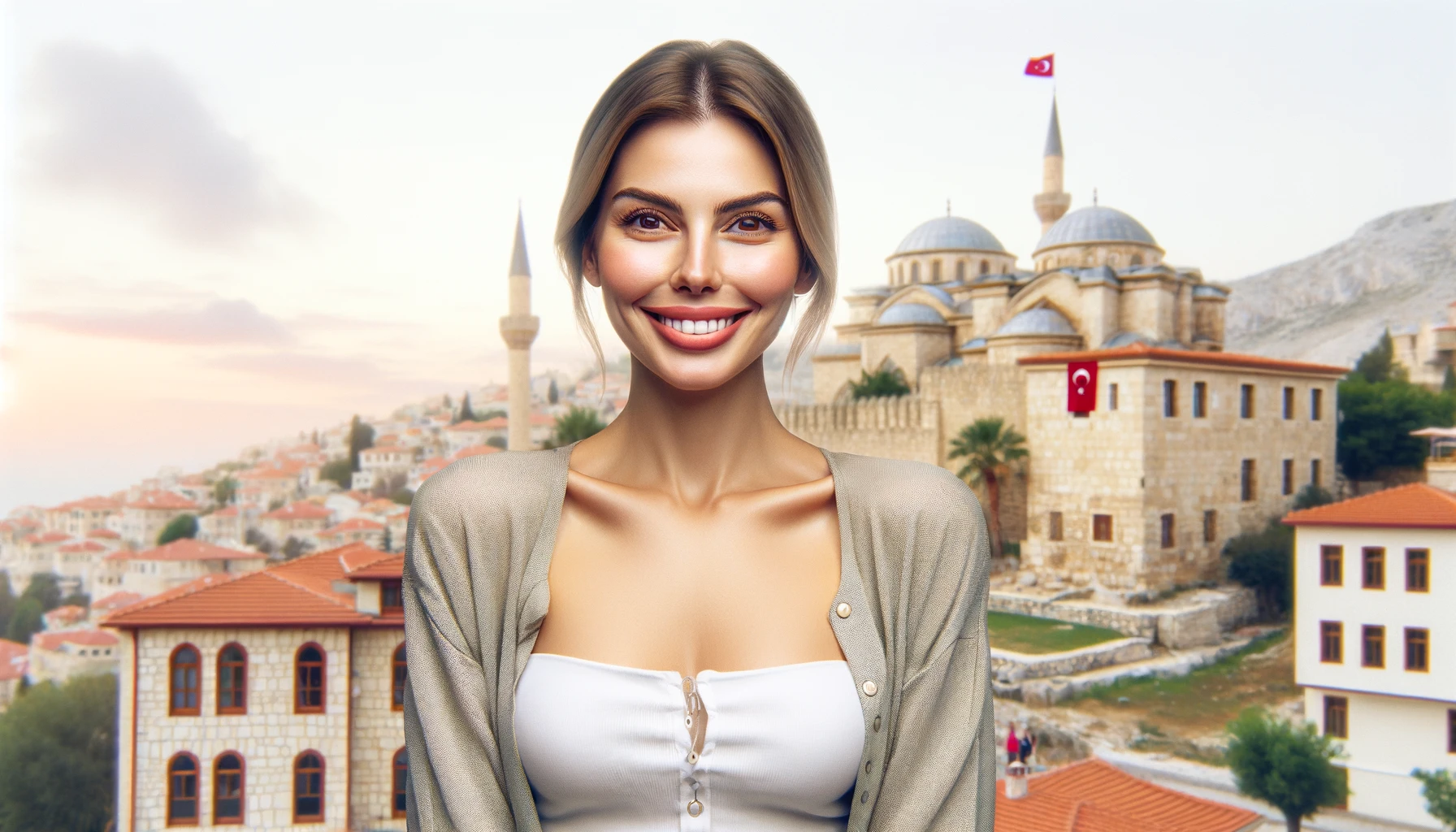 a smiling woman in Turkey, portraying her happiness and satisfaction after recovering from a liposuction procedure