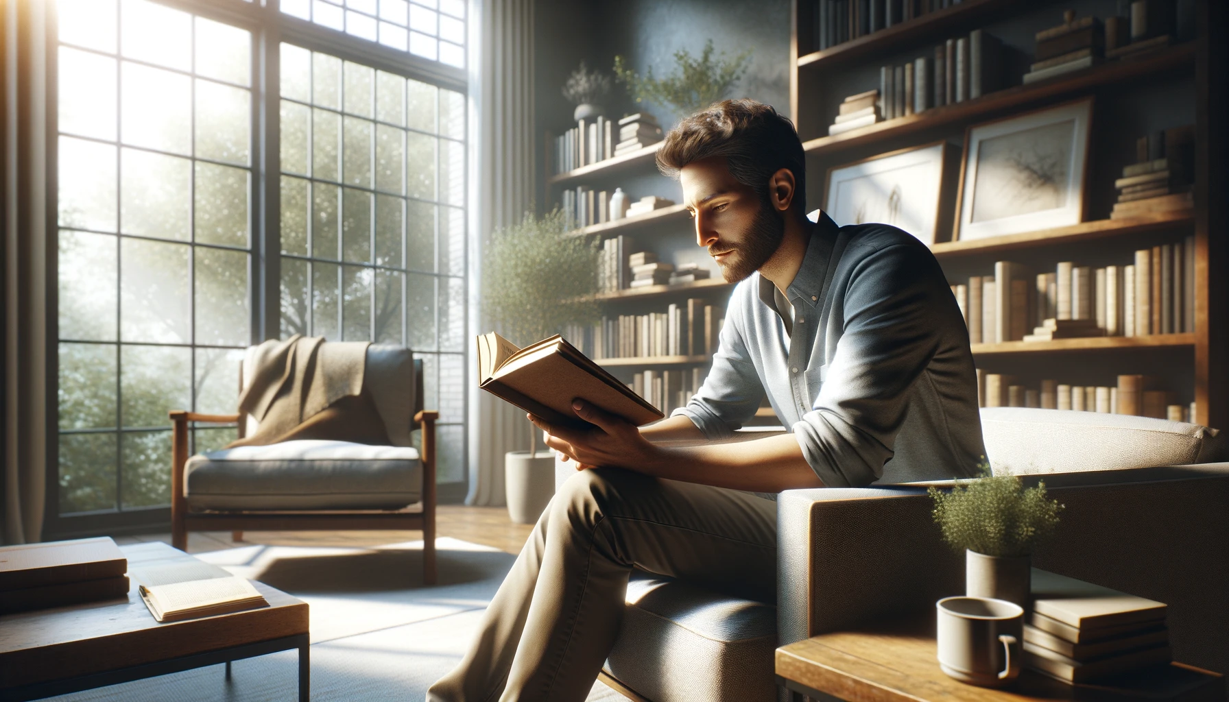 man reading a book in a peaceful and comfortable indoor setting.