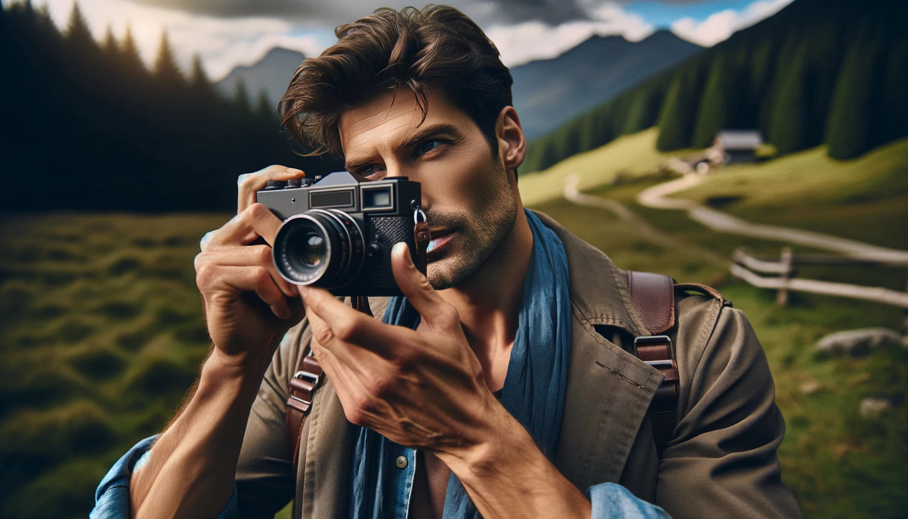 handsome man taking a picture outdoors with an analog camera