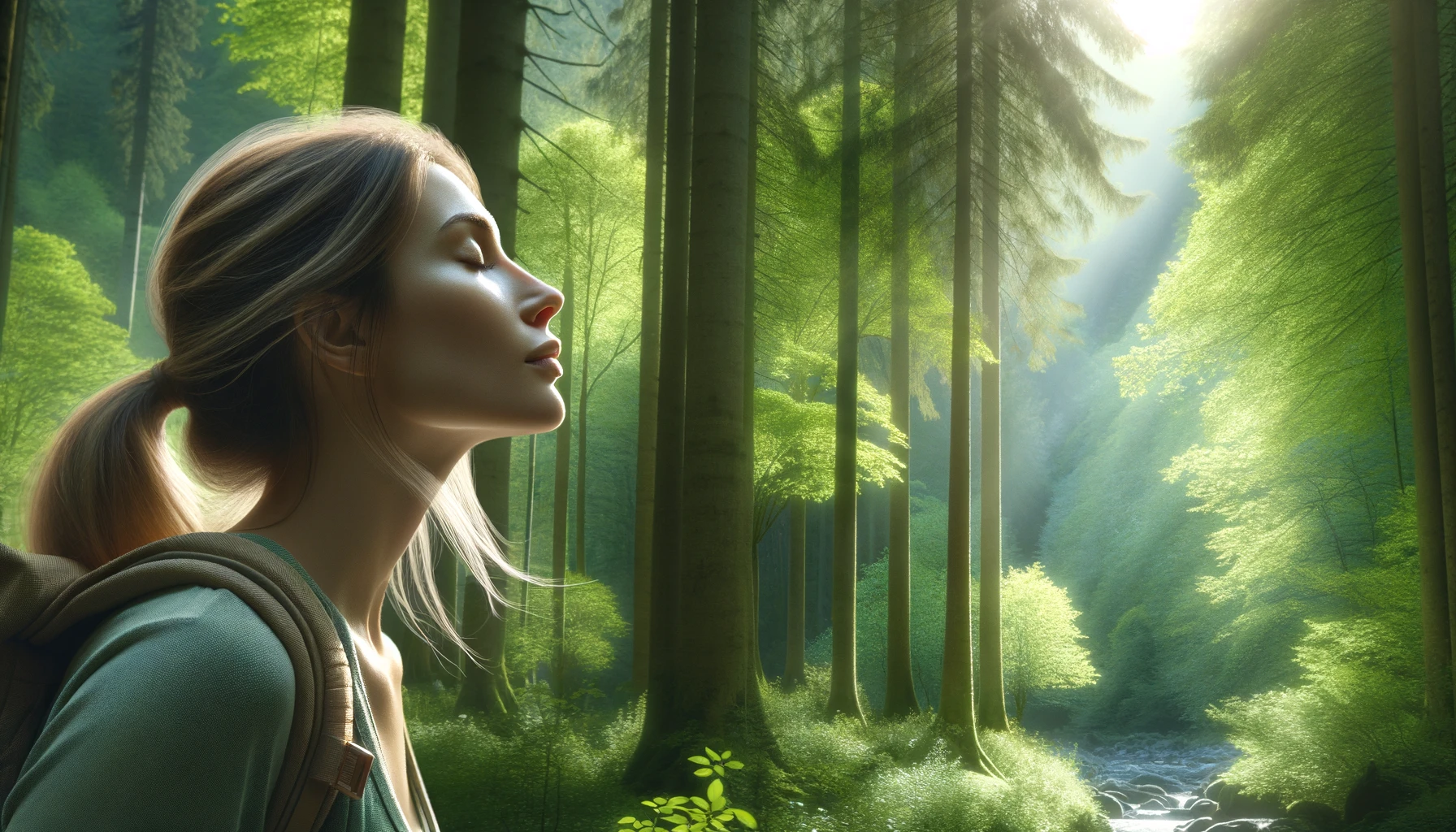 profile of a relaxed woman breathing fresh air in a green forest