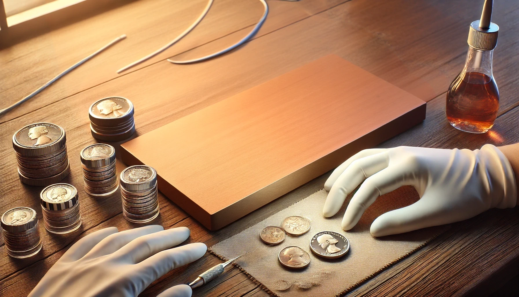 A pristine coin collector's workspace before his manipulations.