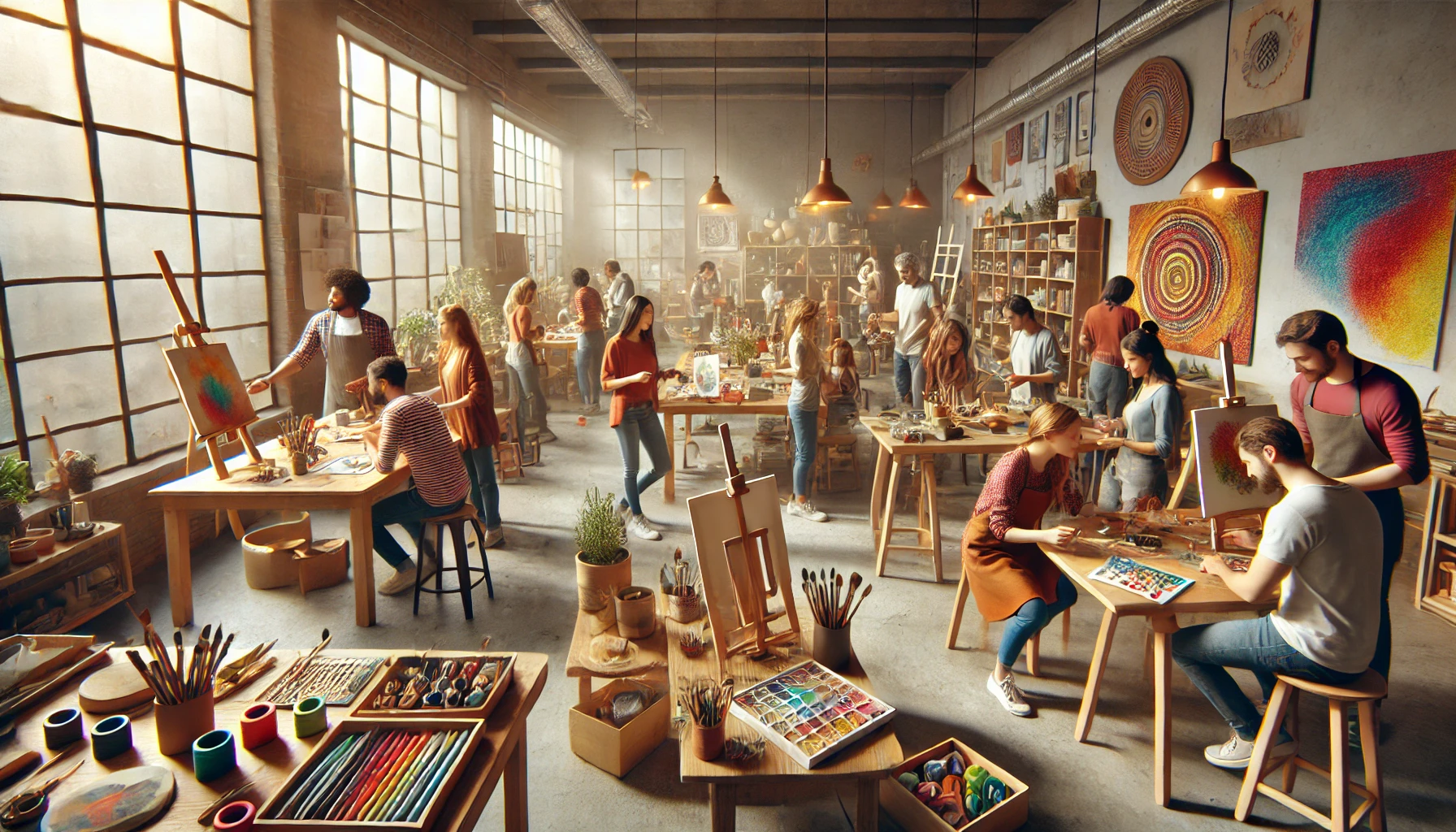 a creative workshop with diverse people engaging in various artistic activities like painting, sculpting, and crafting.