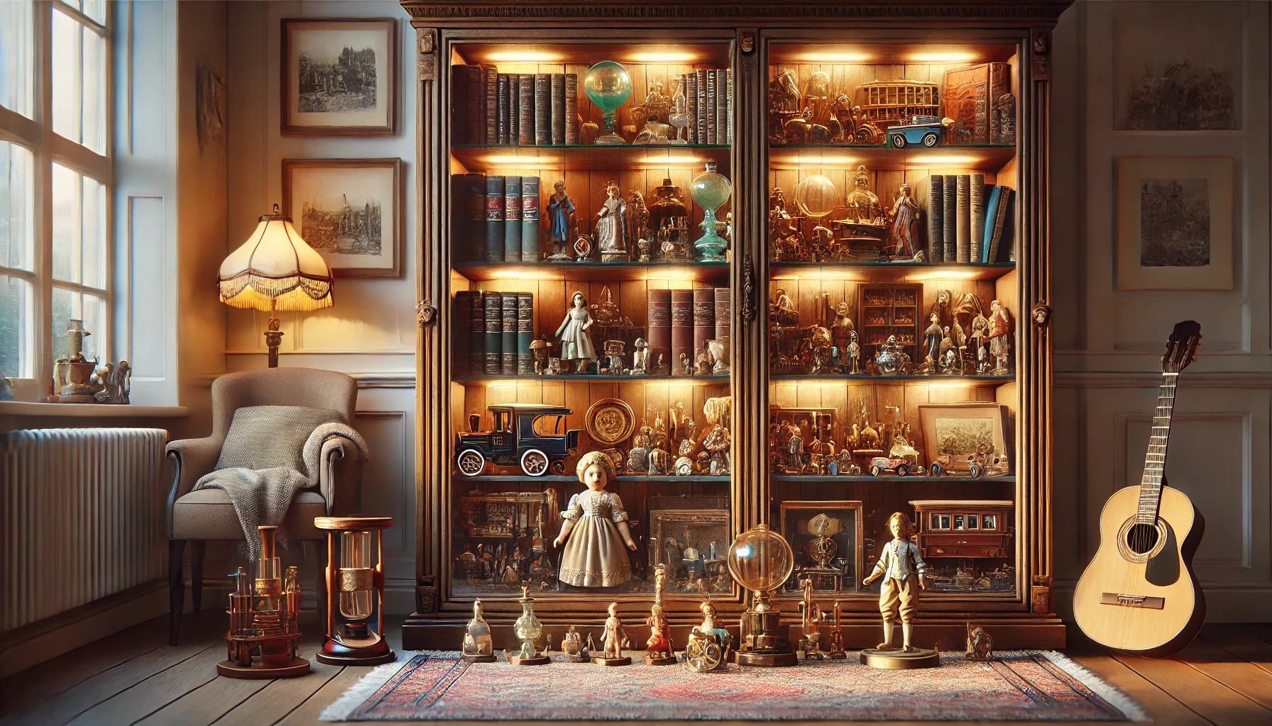 a collector's display cabinet filled with vintage figurines and memorabilia, including antique toys, glassware, and books.