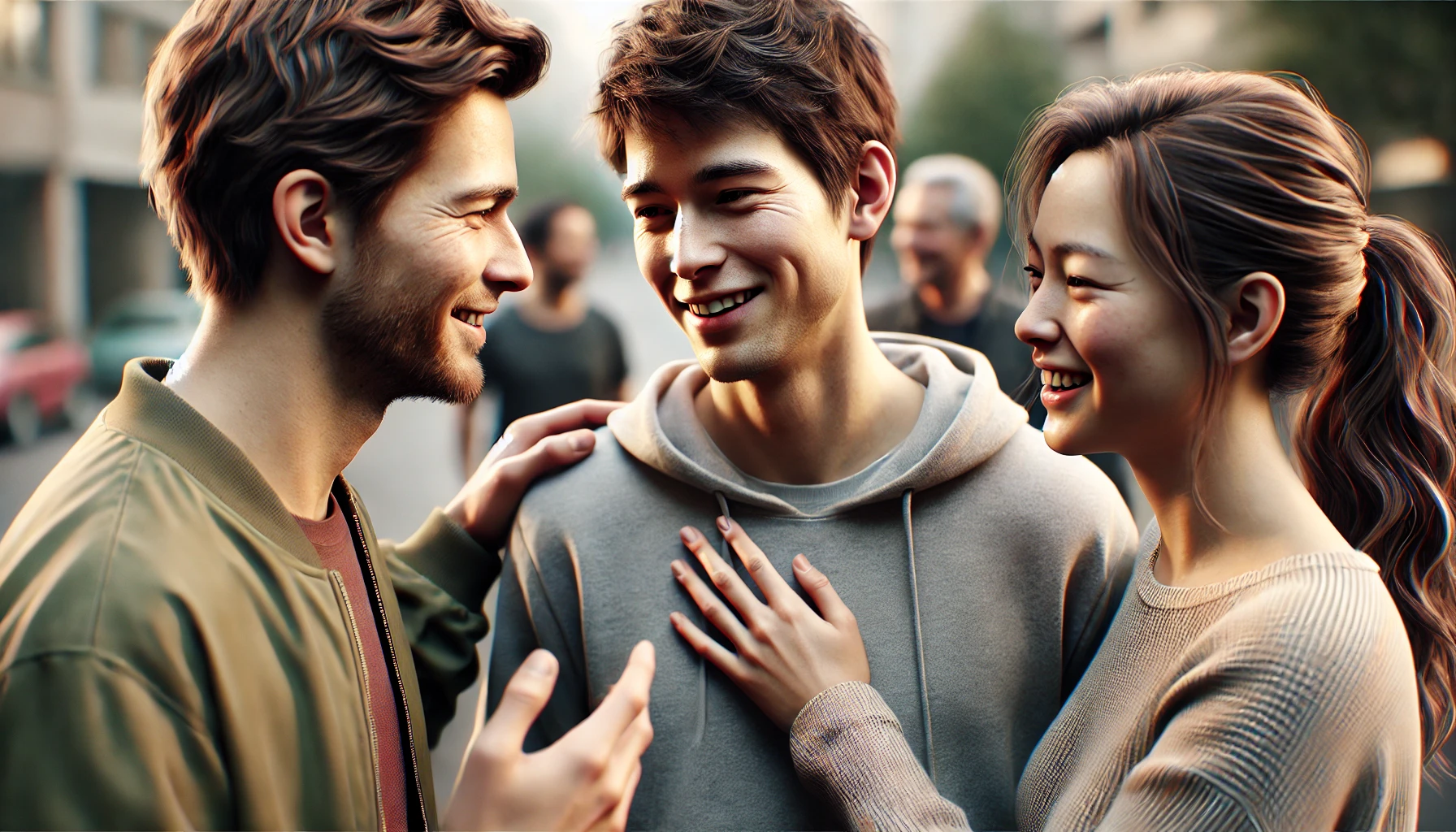 Three people stand closely together in a relaxed, natural setting, smiling and interacting with each other, highlighting their connection and expressions against a subtly blurred background.