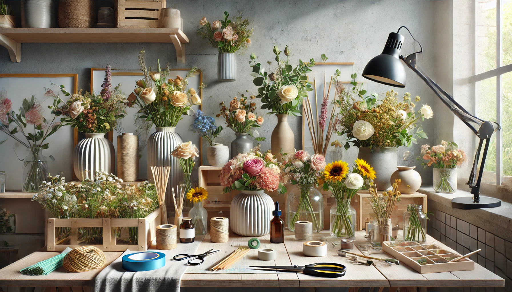 a floral arrangement hobby setup. The scene includes a variety of fresh flowers, a selection of vases, and floral arranging tools like scissors and tape.