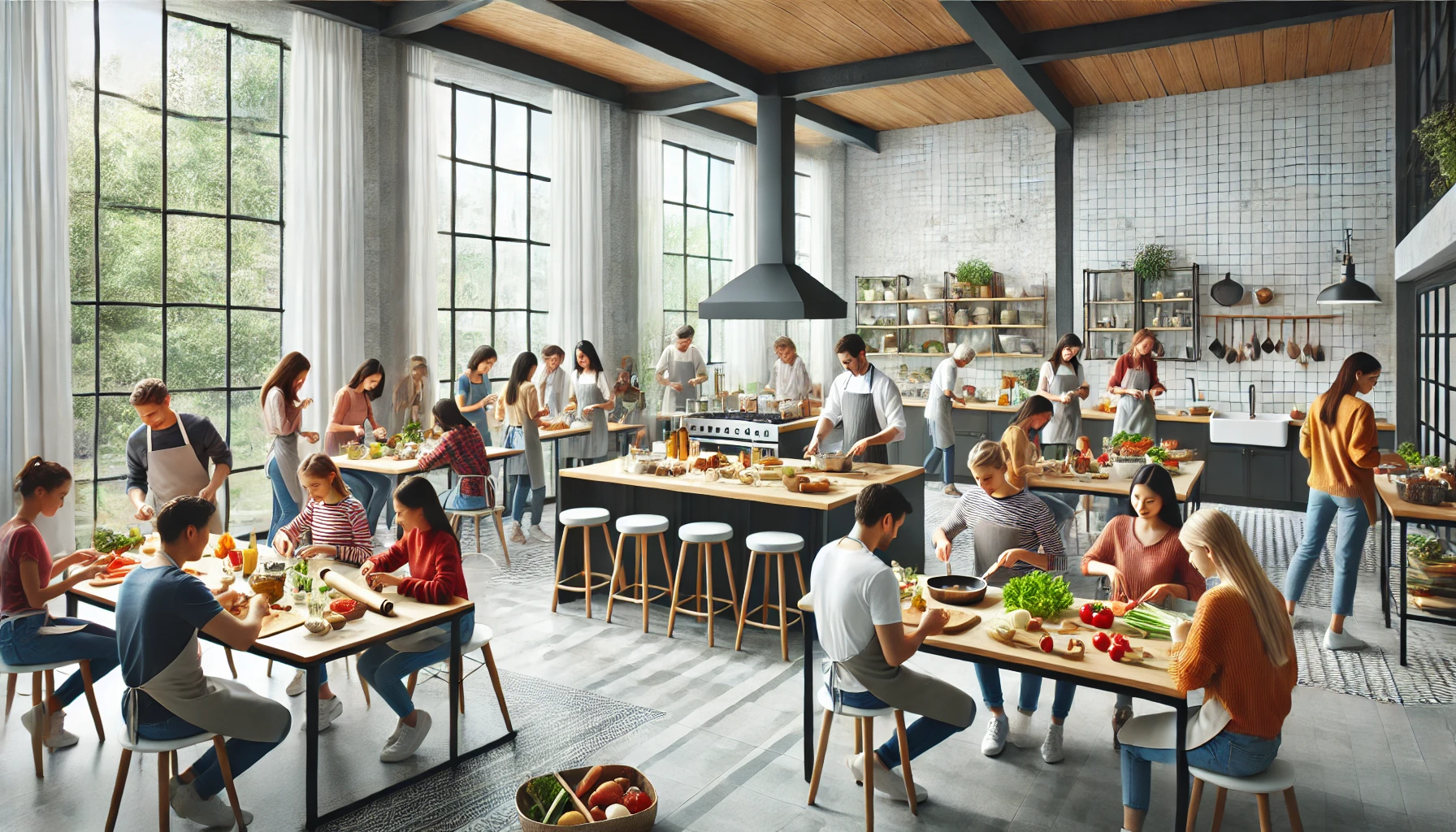 A modern, spacious kitchen setting showcasing a cooking class in progress with a diverse group of people engaged in various cooking activities.