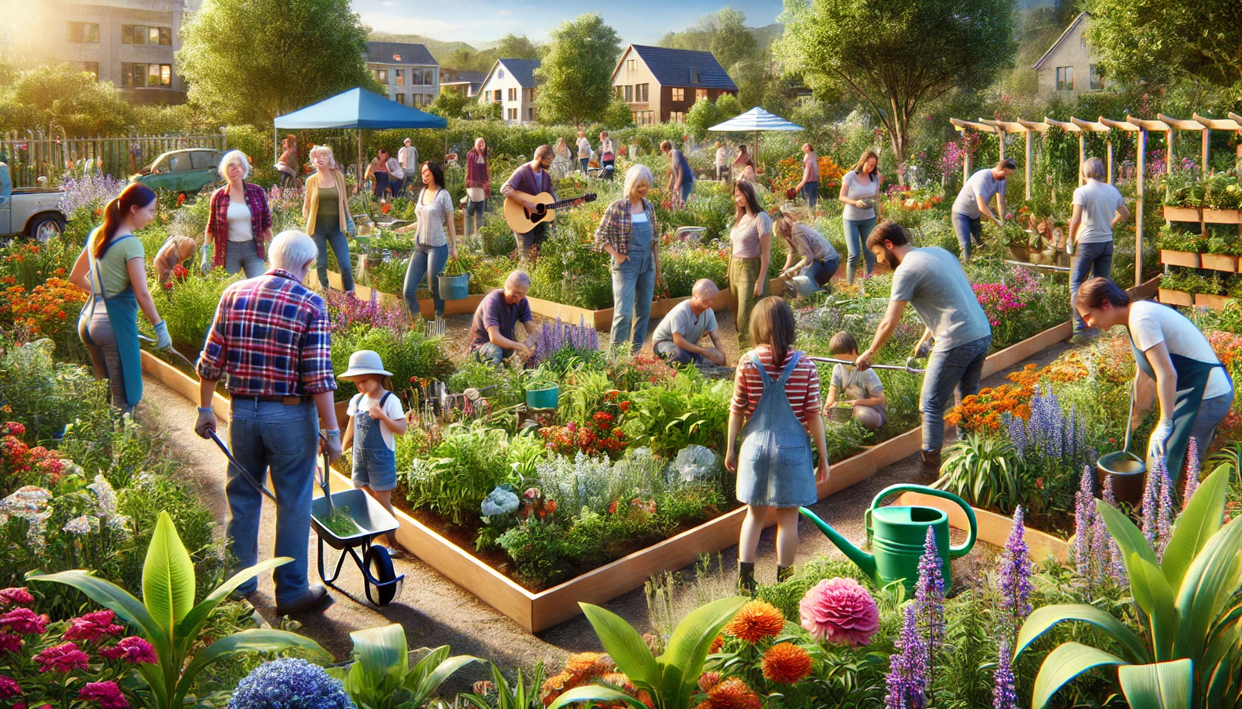 a community gardening club, illustrating the collaborative and joyful nature of working together in a vibrant garden