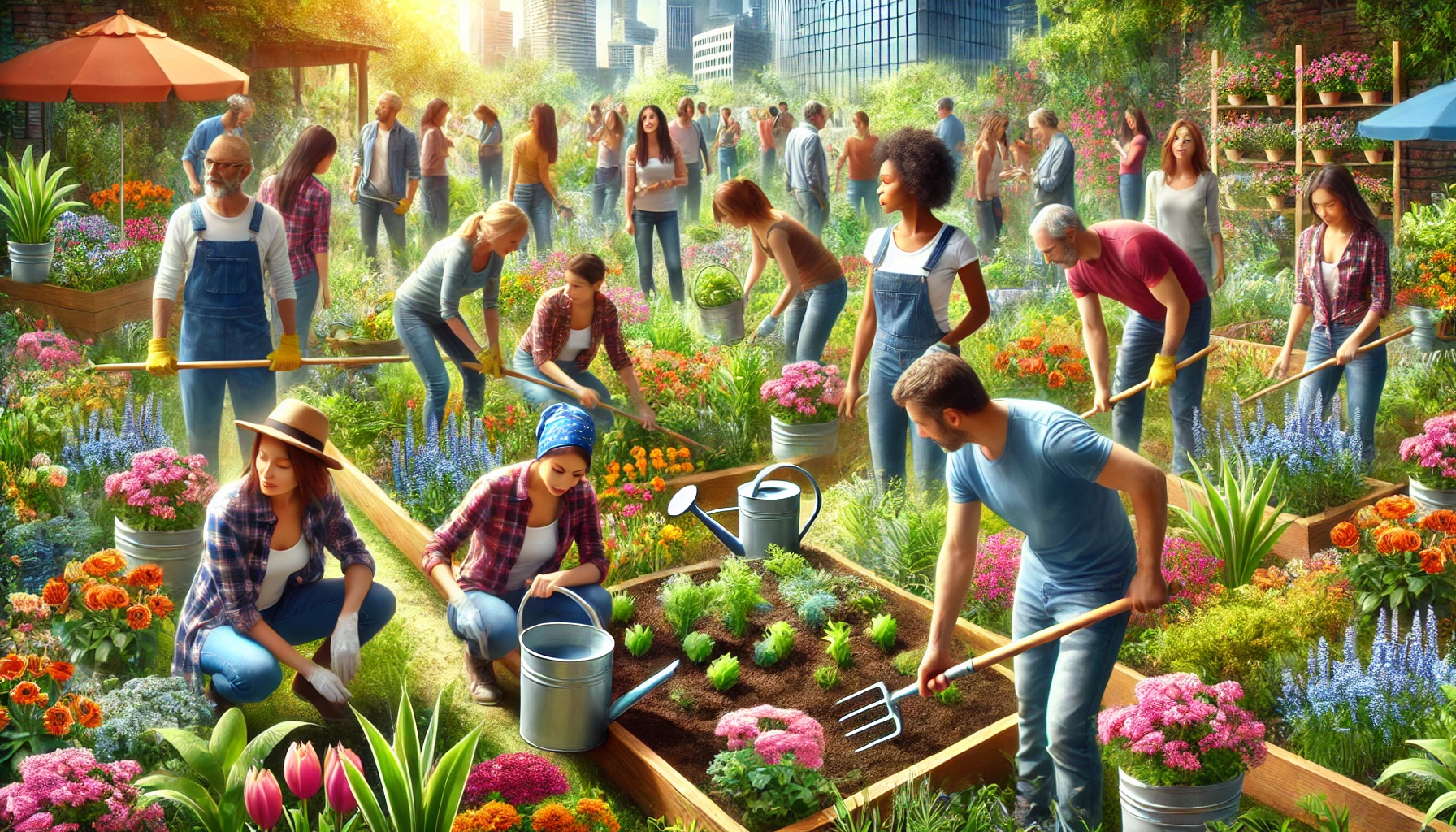 a diverse group of people engaged in a community gardening project, emphasizing the therapeutic and community-building aspects of gardening