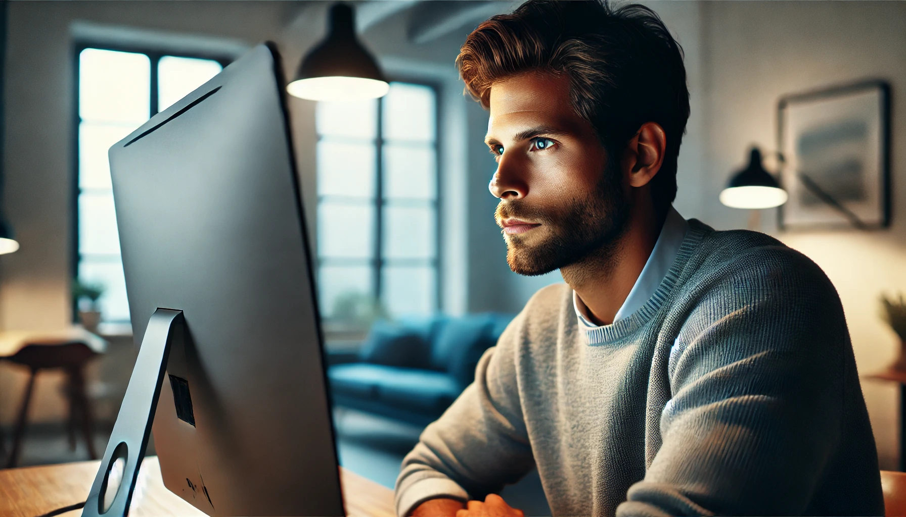 A young man looks thoughtfully at a computer screen in the process of creating an online blog for travelers.
