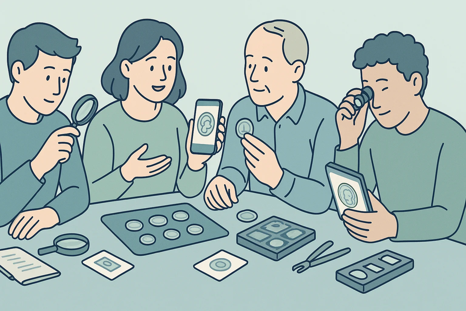 A company of friends collectors of different ages discuss coins together.